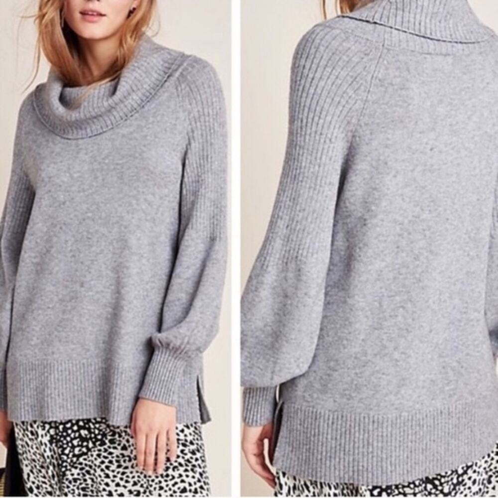 Anthropologie Cowl Neck Puff Sleeve Long Length Womens Sweater XS Soft Cozy
